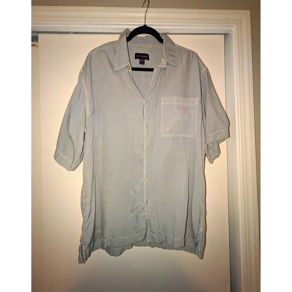 Scott Barber Men's L Light Blue Solid Short Sleeve Silk/Cotton Woven Button-Up